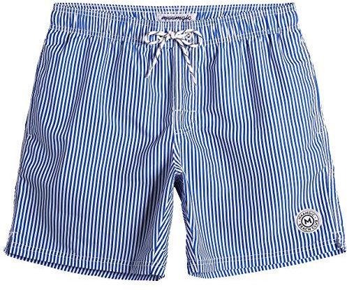 MaaMgic Herren Badehose Jungen Badeshorts Sporthose Schnelltrockend Sport Schwimmhose mit Mesh in vielen Farben, Größen XS - 2XL, Blau Gestreift L