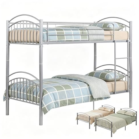 Panana Metal Single Bunk Bed Twin Sleeper Frame 3FT with Ladder Bedroom Steel Bedstead for Kids Teenagers Adult,Can split into 2pcs 3FT Beds (Silver)