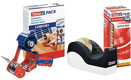 tesa 6400 Packband Handabroller COMFORT Hochwertiger, robuster Abroller für Paketbänder Profi-Qualität Für Klebebänder mit bis zu 50 cm Breite & Easy Cut Tischabroller ORCA rutschfest, 33m:19mm
