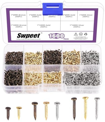 Swpeet 1600Pcs 6/8/10mm 3 Colors Small Copper-plated Hardware Tiny Screws/Nails Kit Including Gold Silver Bronze Boxed Tiny Wooden Screws Mini Nails for Compact Antique DIY Decorative Box Accessories