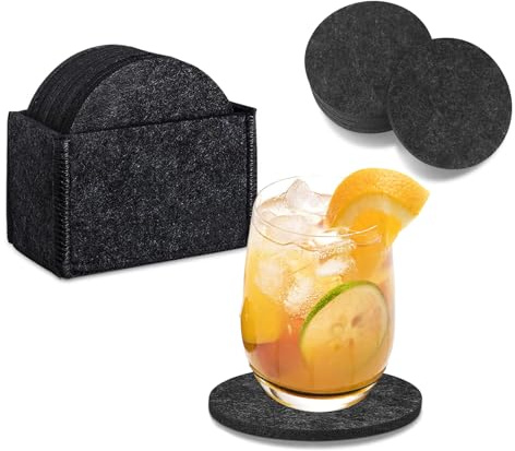 Filz Untersetzer Rund für Gläser 12er Set,Tischuntersetzer mit Aufbewahrungsbox,Glasuntersetzer in dunkle Farbe für Getränke, Bar, Tassen, Glas, Wein, Vase, rund 10x10 cm (Black)