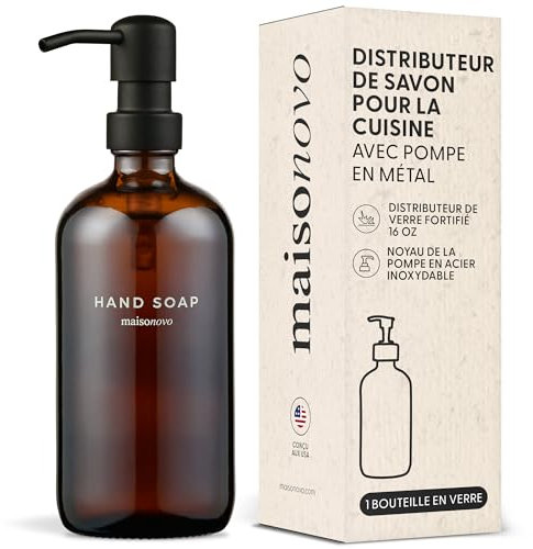 MaisoNovo Dispenser per sapone 1-Piece Set | 500 ml Bottiglie ambra con pompa nera in acciaio inox