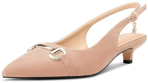 HDEUOLM Femmes Bas Kitten Talon Heel Pointu Bout Escarpins Slingback Boucle Mariage Dress 3.5 CM Heels Nude 38 EU