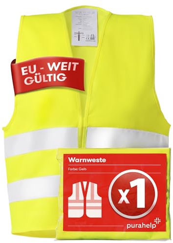 PURAHELP Warnweste Auto (1 Stück) Europaweit gültig nach EN ISO 20471 - Reflektierende Warnweste Auto - Sicherheitsweste Auto Warnweste Gelb - Warnschutzweste - Sicherheitsweste für Erwachsene