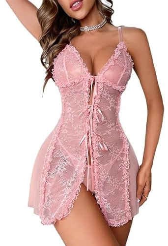 HOTSO Women's Sexy Babydoll Lingerie Set Sheer Floral Lace Chemise Pink