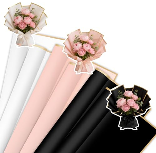 30 ark presentpapper för bukett, blomsterpapper, vattentätt, guldkant, för presentförpackning, blommor och hantverk (58 x 58 cm)