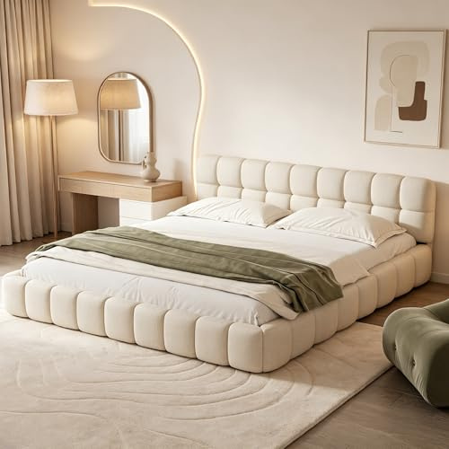 Lit Double Rembourré 140x200 cm, Lit Bubble avec Sommier à Lattes, Lits 2 Personnes Capitonne avec Tête de Lits, Cadre de Lit pour Adulte Chambre à Coucher et Chambre d'amis, sans Matelas, Lin