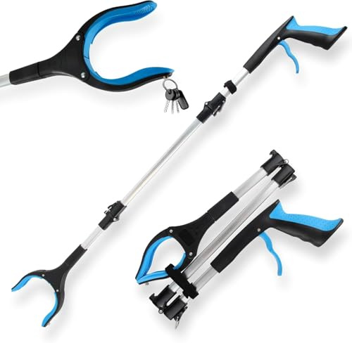 LINKINNO Pinzas de agarre plegables con imán, pinzas de aluminio ergonómicas con mango fuerte, brazo de agarre extralargo y cabezal giratorio de 360° para personas mayores (91 cm, azul) (2 unidades)