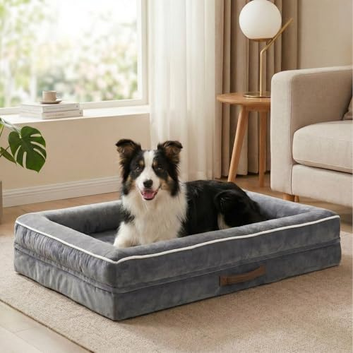 Renvix Large Orthopedic Dog Bed, Waterproof Dog Sofa Bed with Removable Washable Cover, Soft Egg Foam Pet Bed, Non-Slip Bottom and Four-Sided Bolster Cushion（Gray, 91x61x18cm）