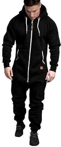 Herr Fleecefodrad Jumpsuit med Huva, Dragkedja, Heltäckande Pyjamas, Playsuit, Jogger Sweatsuit, Romper Overall, Vinter Träningsoverall