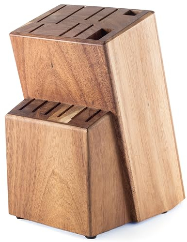 Ceppo portacoltelli in legno senza coltelli, universale in legno di acacia, per 15 coltelli, organizer sicuro per coltelli con scomparto per forbici e fessura in acciaio per affilare, ceppo per