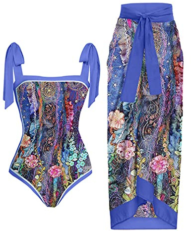 Swimming Suit for Women Two Piece Swimsuit Beach Swimwear Matching Chiffon Long Skirts V Neck Padded Swimwear Tankinis with Sarong Beach Cover Up Bathing Suit Bikini Beachwear Set, Blue, M