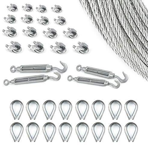 DQ-PP stållina SET | 3 mm 6 x 7 medium mjuk | Förzinkad av stål | Byte 3 mm | Spänningslås kroköglor M5 | linsklämma bygel 3 mm | ledtråd för rankhjälp rep stål tråd skogsrep vindrep spännlina 100m Set 11