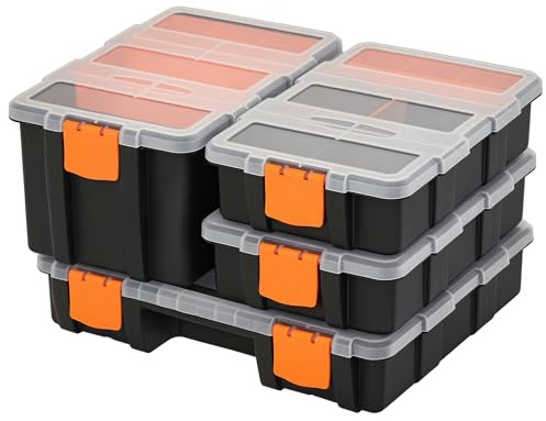 DURHAND Set Of 4 Plastic DIY Tool Storage Boxes w/Inside Dividers Locking Lids Home Garage Organisation Stacking Arts Crafts Bolts Black Orange