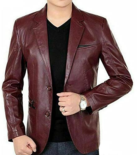 Fashion_First Blazer classique à deux boutons en cuir véritable pour homme Coupe ajustée Marron, bordeaux, M