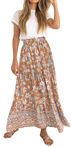 ZESICA Women's 2026 Summer Bohemian Floral Printed Elastic Waist A Line Maxi Skirt with Pockets Clay Medium