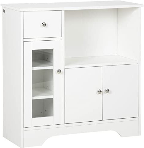 HOMCOM Aparador Blanco Aparador de Cocina Moderno con Puerta de Vidrio Cajón Estante Abierto y Baldas Ajustables Mueble Auxiliar de Almacenaje para Comedor Salón 80x30x82 cm Blanco