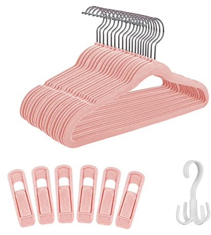Tinfol Rosa Kinder Samt Kleiderbügel 30 Pack, 35cm rutschfeste Babybügel mit 6 Samtbügelclips, platzsparende ultradünne Kleiderbügel für Kinderkleidung, Neugeborenen-Kleidung, Kleinkinder-Kleidung