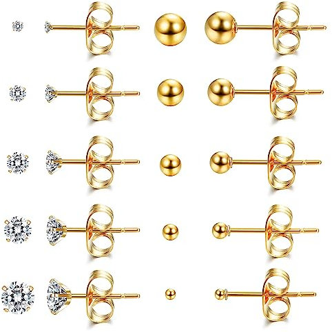 Dochais 10 Paar Ohrstecker Gold Damen, 14K Vergoldete 316L Chirurgenstahl Ohrringe Set Edelstahl Diamant Klein Ohrstecker Gold/Silber, Hypoallergen Medizinische Ohrringe Herren 2/3/4/5/6 mm