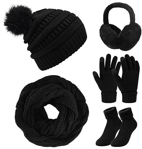 Vijamiy Set de Gorro Bufanda de Punto Invierno con Guantes de Pantalla Táctil Orejeras de Cálida Calcetines de Forro Polar 5 en 1 Conjunto de Bufanda Regalos para Mujer(Negro)