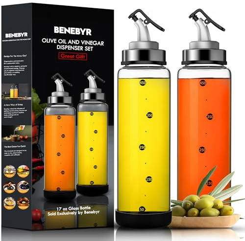 BENEBYR Olive Oil Dispenser Bottle for Kitchen Shatterproof Glass Bottle with Leakproof Pourer Spout & Rubber Bottom 17 oz Oil and Vinegar Dispenser Set of 2 Olive Oil Bottle for Cooking