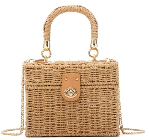 SUKUTU Handwoven Rattan Bag for Women Braided Straw Square Crossbody Bag Vintage Basket Handbag Beach Tote Bag, khaki