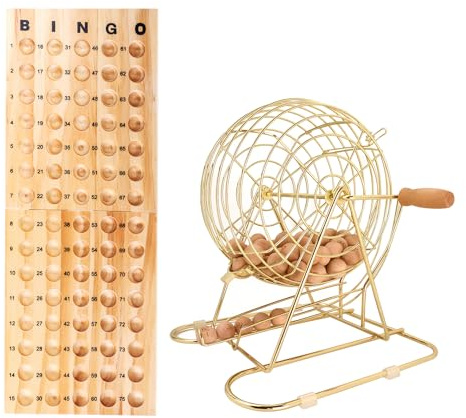 GSE Games & Sports Expert Deluxe Bingo Game Set with Large Gold/Brass Metal Bingo Cage (12 Tall), Folding Wooden Master Board, 7/8 Wooden Calling Balls for Family Game Night & Parties
