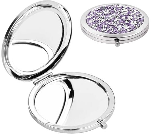 7 cm Taschenspiegel, Tragbarer Taschenspiegel, Kleiner Runder Mini Schminkspiegel 1X / 2X, Tragbarer Kompakter Kosmetikspiegel, Faltbar & Doppelseitig für Frauen Mädchen, Hellvioletter Diamant