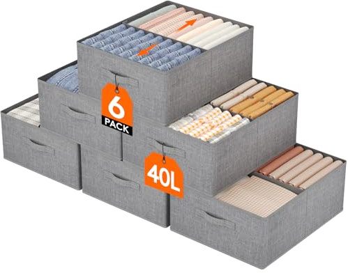 Lifewit Groß Aufbewahrungsboxen, Faltbarer Schrank Aufbewahrungskorb mit EntfernbareTrennwand, Stoff Kleiderschrank Organizer -Aufbewahrung Boxen für Kleidung, Hosen, Socken, 6er Set, 50 x 40 x 20 cm