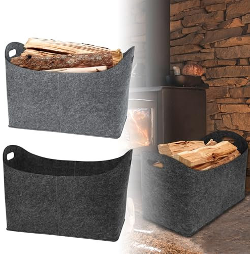 MAYTIIMO Lot de 2 sacs pliables en feutre pour bois de cheminée - 55 x 30 x 40 cm - Sac de rangement multifonction - Panier à bois de chauffage - Gris foncé