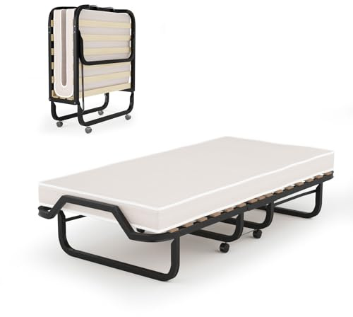GOPLUS Gästebett 80×200cm, Klappbett mit Metallgestell & Memoryschaum-Matratze, Einzelbett mit 4 Universalrädern für Büro, Schlafzimmer & Wohnzimmer (Beige, 80×200 cm)