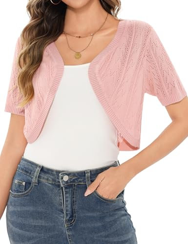 Aottori Dam bolero festlig bolerojacka långärmad elegant kofta kort kofta sommar lätt axelväska öppen front shrug för bröllop, B-rosa, S