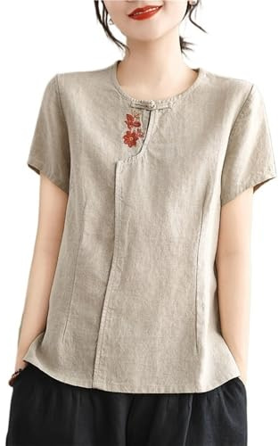 Blusas De Manga Corta De Lino Y Algodón De Estilo Chino Para Mujer Camisa Informal Cómoda De Cuello Redondo Blusa De Verano De Estilo Étnico Retro(XXL)