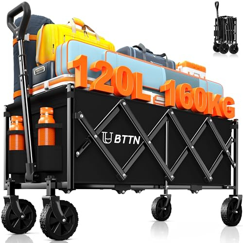 BTTN 120L Extra-Long Folding Festival Trolley on Wheels, 160kg (350LBS) Capacity Shopping Trolley with Silent Wheels, Foldable Camping Garden Cart with Adjustable Handle, Portable Utility Wagon, Black