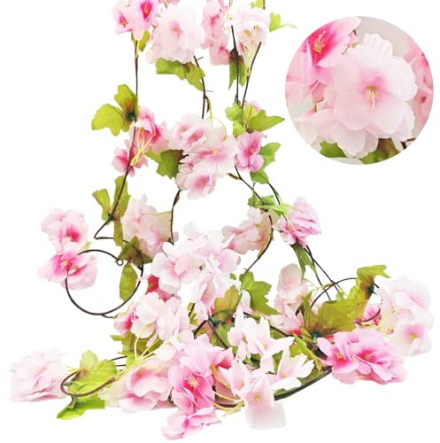 BSITSSS 2 PCS 230cm Artificial Silk Cherry Blossom Garland Vines Hanging Vine Garland Artificial Flowers for Outdoor Indoor Wedding Wall Badroom Decoration, Pink Wall Vines