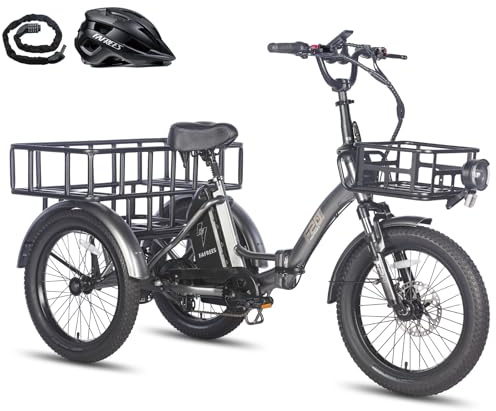 Fafrees Triciclo Eléctrico F20 Mate para Adultos, Plegable 20 x 3, Batería de 48 V/18,2 Ah, Frenos Hidráulicos, Triciclo de Carga Eléctric, Alcance 110km (Cesta Delantera + Rejilla Grande, Gris)