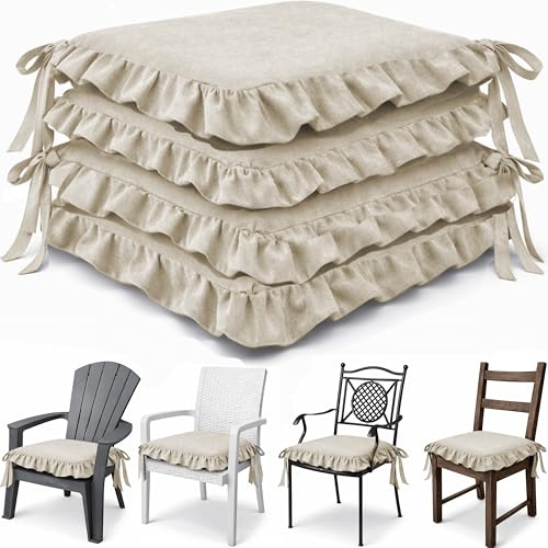 HAND Set 4 Cuscini per Sedie con Lacci Antiscivolo, Sfoderabili, Imbottitura Inclusa, Dimensioni con bordi 45x45 cm, Adatto per Cucina, Interni ed Esterno (Beige)