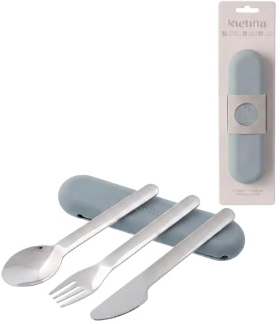 Kichna Travel Cutlery Set with Silicone Case – 3 Piece Reusable Knife Fork Spoon Set, Stainless Steel Portable Utensils for Lunch Box, Work, Camping & Travel – Green Smoke