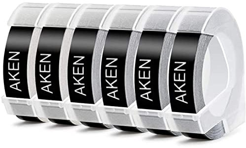 6 x Aken Kompatibel mit Dymo Prägeband Schwarz 9mm für Dymo Omega Junior Etikettenprägegerät, als Kompatibel mit Omega Etikettenband 3D Kunststoff Weiß auf Schwarz, S0847730 Klebende Prägeetiketten