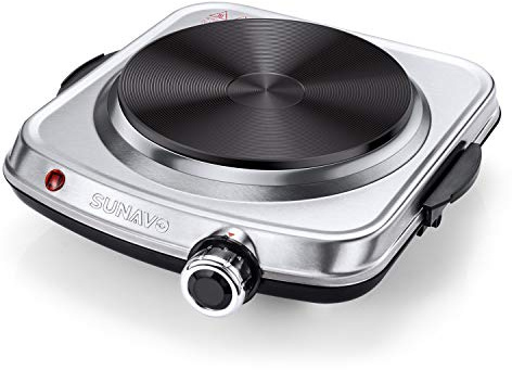 SUNAVO 1500W Hot Plates for Cooking, Electric Single Burner with Handles, 6 Power Levels Stainless Steel Hot Plate for Kitchen Camping RV and More Silver