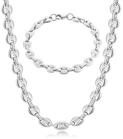 AFSTALR Chaine Argent Homme 2pcs Collier Grain De Café 11mm Bracelet Homme Acier Inoxydable 61cm - Emballage Cadeau Pour Papa Amie