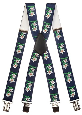 Olata Heavy Duty Herren/Damen-Hosenträger X-Form mit Edelweiß Muster – 2,5 cm. Dunkelblau