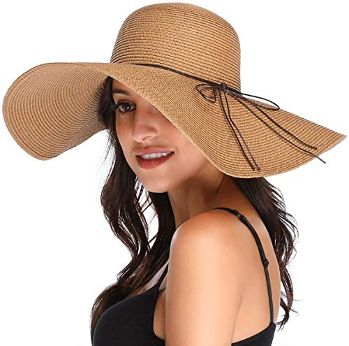 DRESHOW Womens Wide Brim Straw Hat Floppy Foldable Roll up Cap Beach Sun Hat UPF 50+