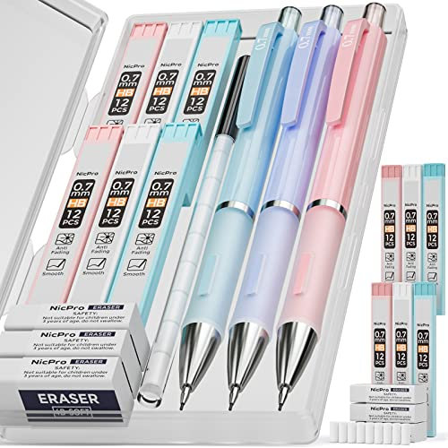 Nicpro 3 Stücke Druckbleistifte, 0,7 mm Pastell Druckbleistift Set, Niedliche Mechanische Bleistifte mit 6 Dosen HB Bleistiftminen, 3 Radiergummis, für Kinder Schule Schreiben Zeichnen, Skizzieren