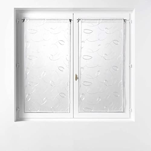 Douceur d'Intérieur, Paire de Voilage Droite Passe Tringle 2 x 60 x 90 cm Voile Sablé Brodé, Hoops Blanc