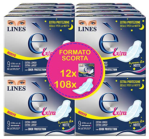 LINES È EXTRA con ali, Pacco scorta da 108 assorbenti per ciclo mestruale, l'unico con struttura in Lactifless, Il LINES è extra lungo ed extra largo, con Odor Protection