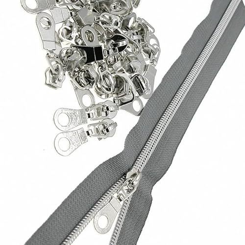 YIGUANXIN #5 Silver Metallic Nylon Coil Zippers by The Yard - Bulk 10 Yards Gray Tape With 25PCS Pulls for DIY Sewing, Bags, Purses