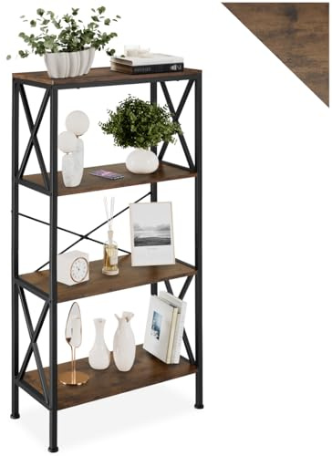 tectake® Libreria, scaffale in legno e metallo, design industriale, 4 ripiani con barre a X, mobile libreria da parete, scaffale ufficio e soggiorno - 61,5x31,5x133,5 cm - Legno industriale scuro