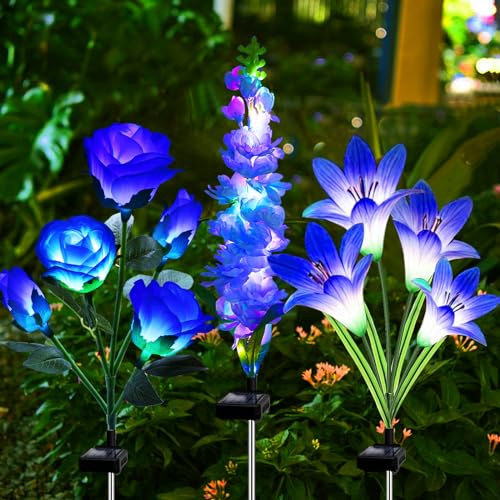 Luces solares de jardín, paquete de 3 luces solares de flores con lirio rosa delphinium, regalos de jardinería impermeables para mamá, abuela, mujeres, luces solares multicolor cambiantes al aire
