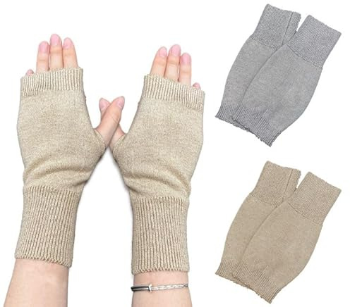 EUPSIIU 2 Paires Gants Sans Doigts, Chauffe-poignets en Cachemire Gants Thermiques avec Trou pour le Pouce, Mitaines Gants Femme Hiver, Chaud Poignet Main Bras Mitaines Tricotés (Fauve, Gris)